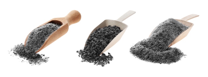 Image of Set of scoops with black salt on white background. Banner design 