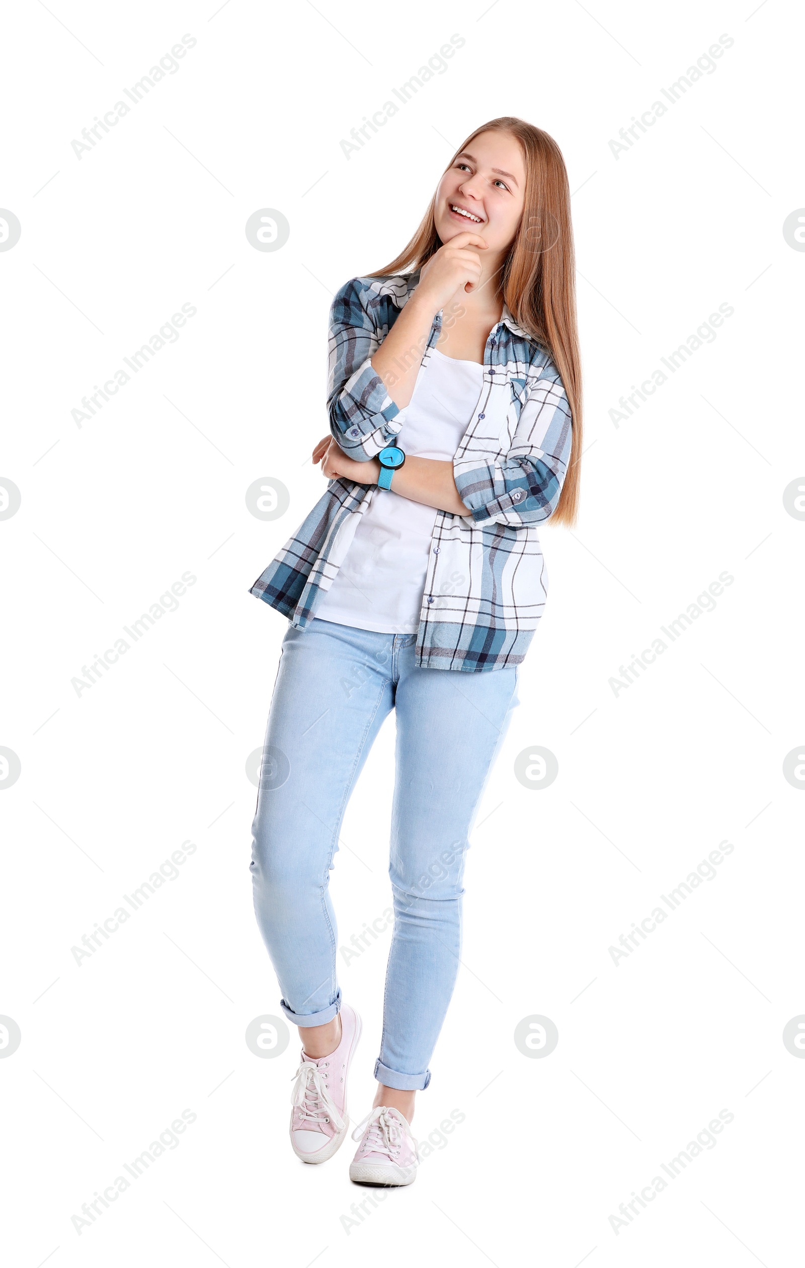 Photo of Portrait of pretty teenage girl on white background