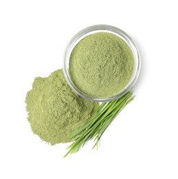 Photo of Fresh wheat grass sprouts and bowl with green powder isolated on white, top view
