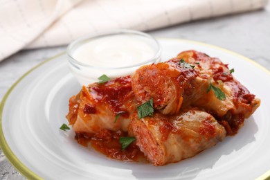 Photo of Delicious stuffed cabbage rolls cooked with tomato sauce and sour cream on table, closeup