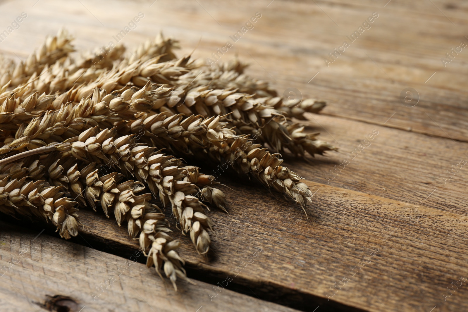 Photo of Many ears of wheat on wooden table, closeup