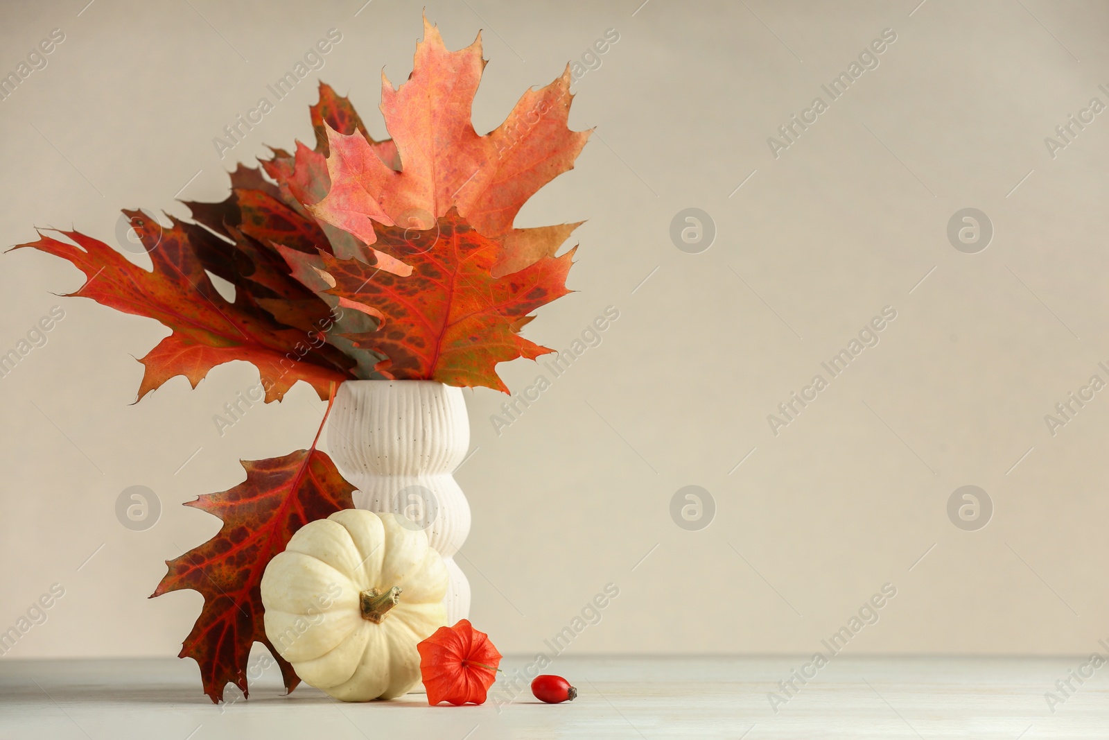 Photo of Beautiful autumn leaves in vase, pumpkin and physalis on table against beige background, space for text