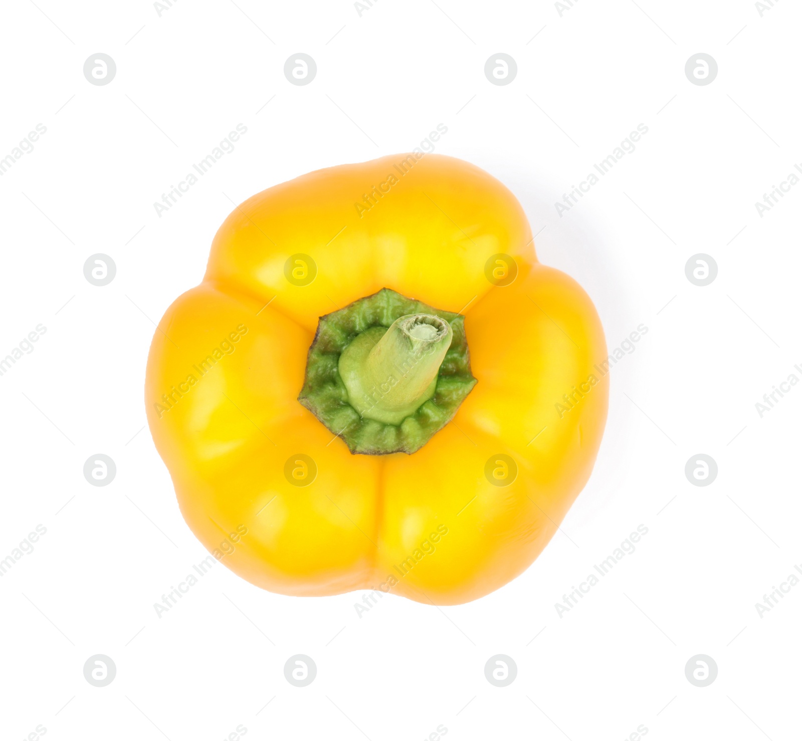 Photo of Ripe yellow bell pepper isolated on white, top view