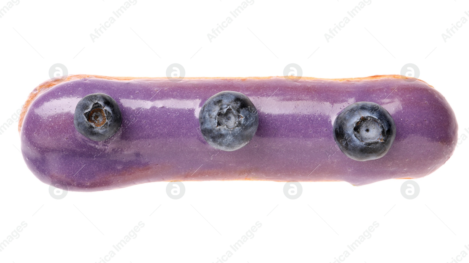 Photo of Delicious eclair decorated with blueberries isolated on white