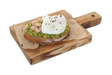 Photo of Delicious sandwich with guacamole, shrimps and fried egg isolated on white