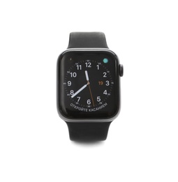 Image of MYKOLAIV, UKRAINE - SEPTEMBER 19, 2019: Apple Watch with analog clock face skin on screen against white background