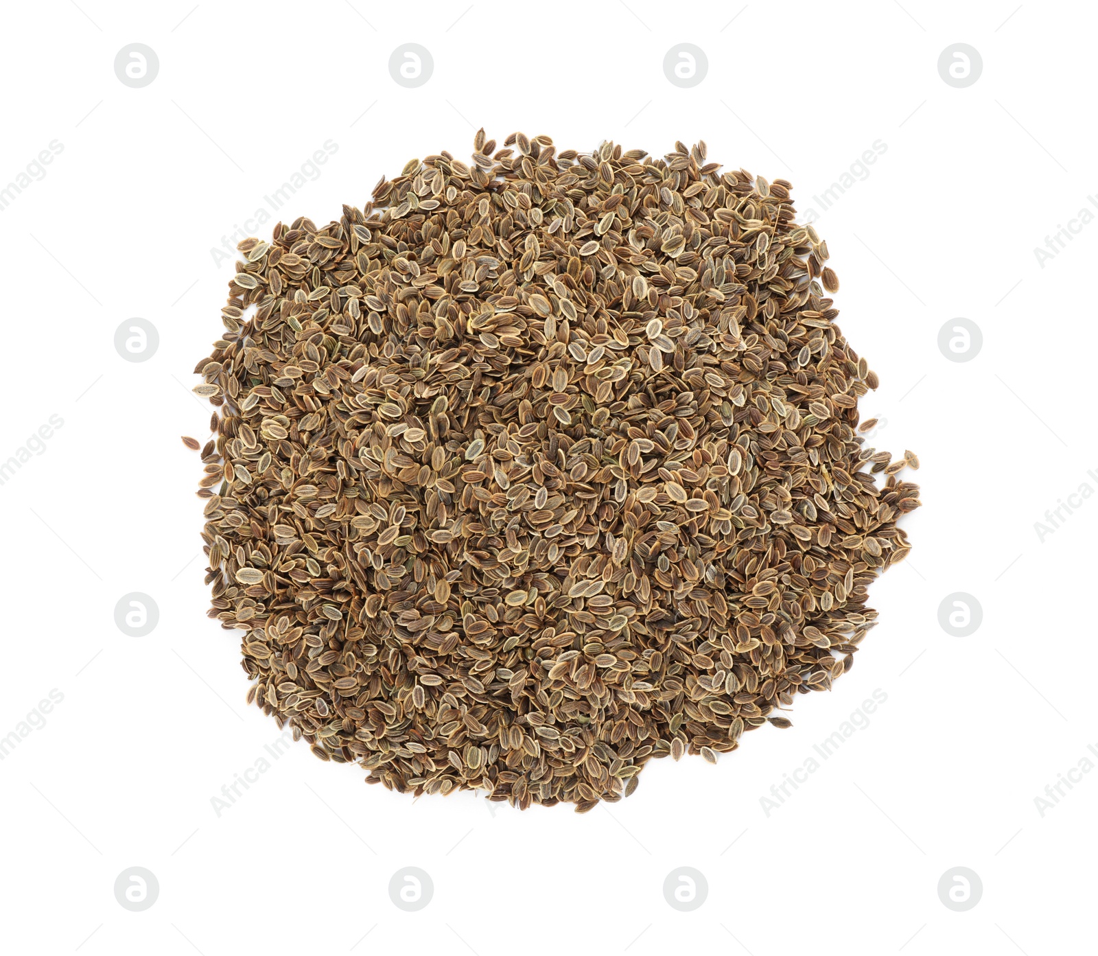 Photo of Pile of dry dill seeds isolated on white, top view