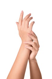 Woman showing hands with nude manicure on white background, closeup