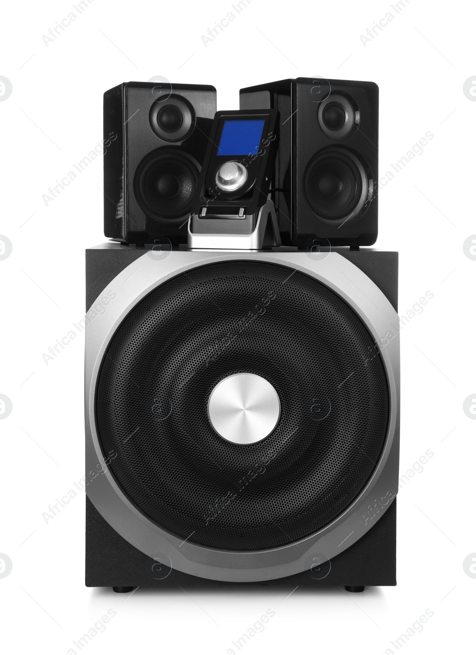 Photo of Modern powerful audio speaker system with remote on white background