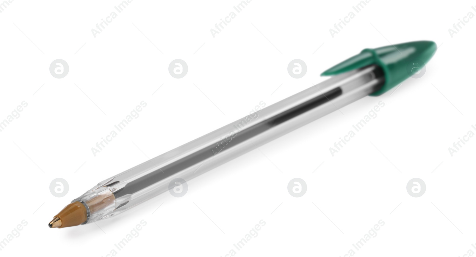 Photo of New green plastic pen isolated on white, closeup