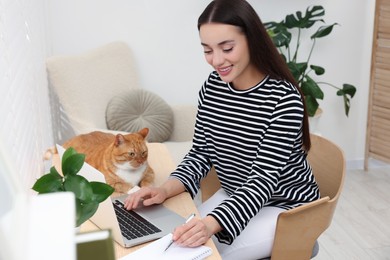 Photo of Happy woman working with laptop at home. Cute cat lying on wooden desk near owner
