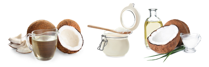 Image of Set of coconuts and organic cooking oil on white background. Banner design