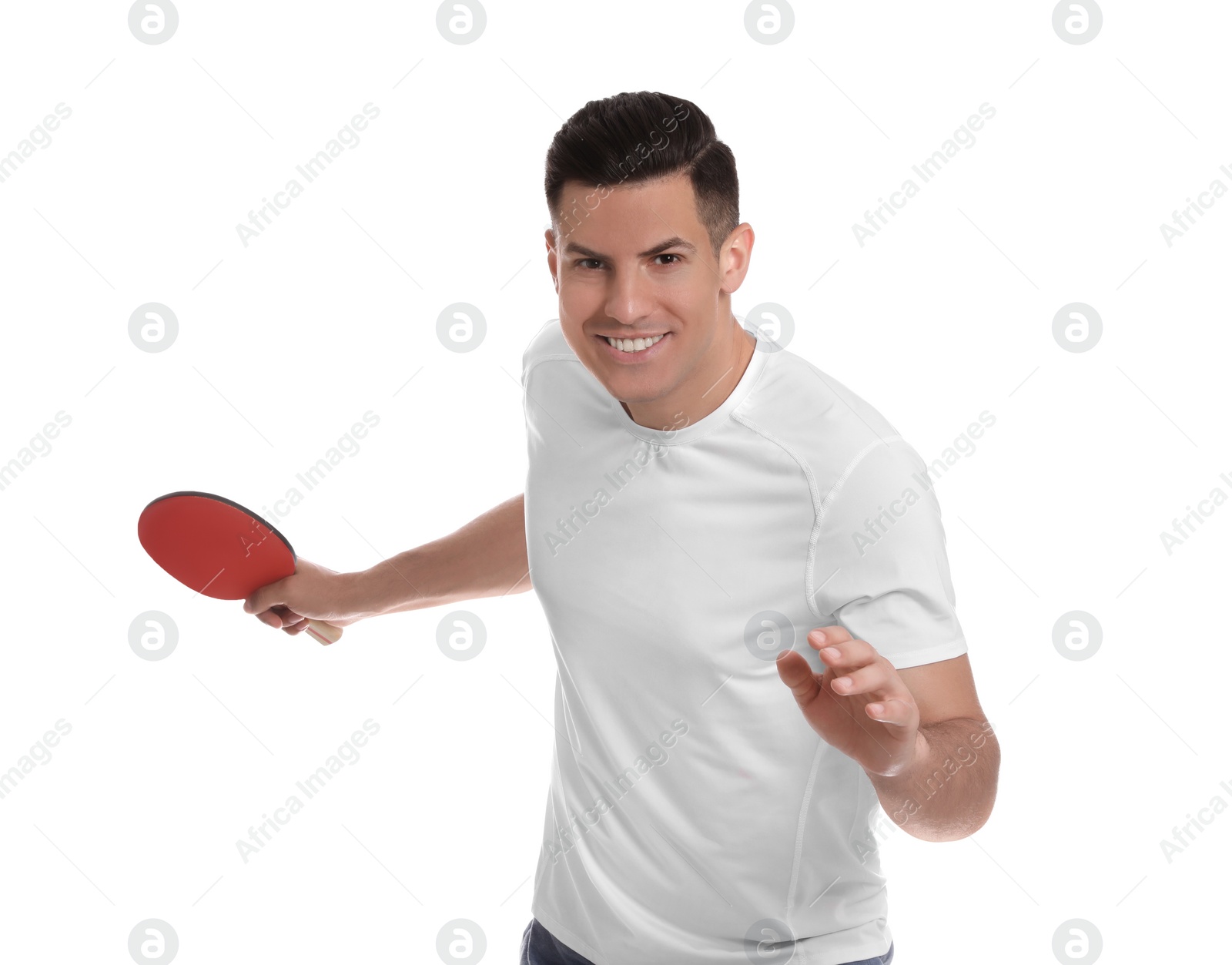 Photo of Handsome man with table tennis racket on white background. Ping pong player