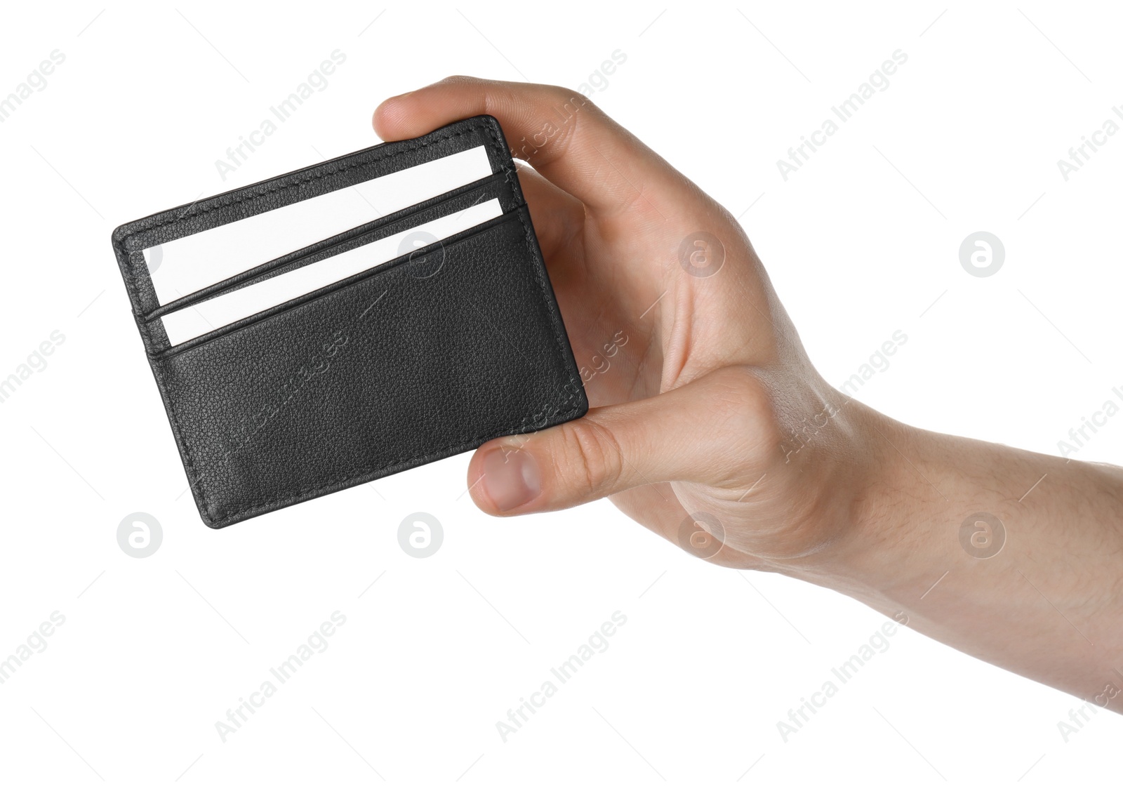 Photo of Man holding leather business card holder with cards on white background, closeup