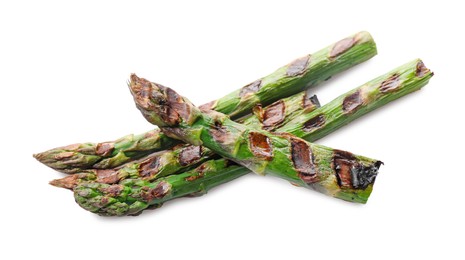 Photo of Tasty grilled green asparagus isolated on white