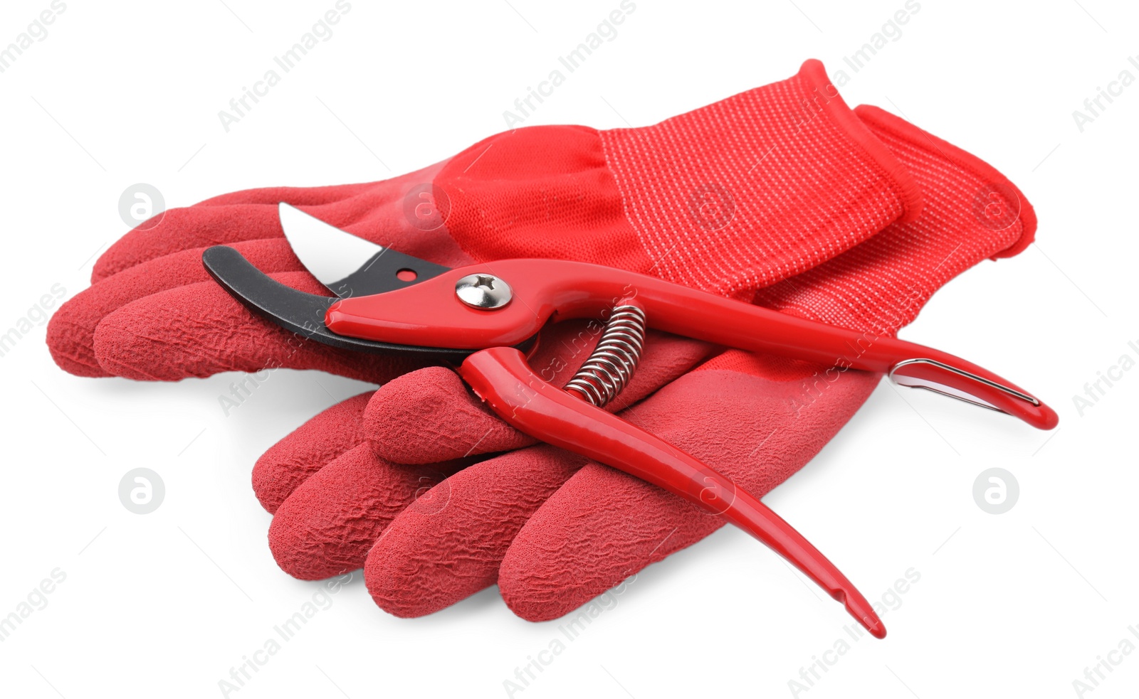 Photo of Pair of red gardening gloves and secateurs isolated on white