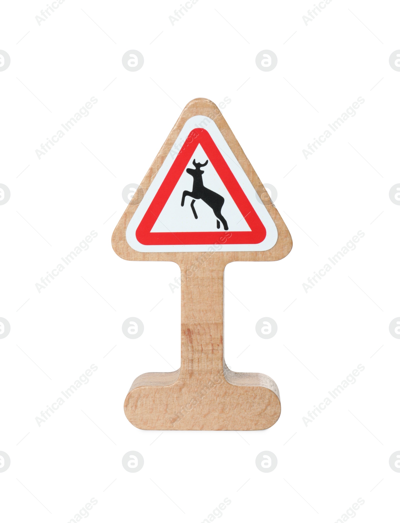 Photo of Wooden road sign isolated on white. Children's toy