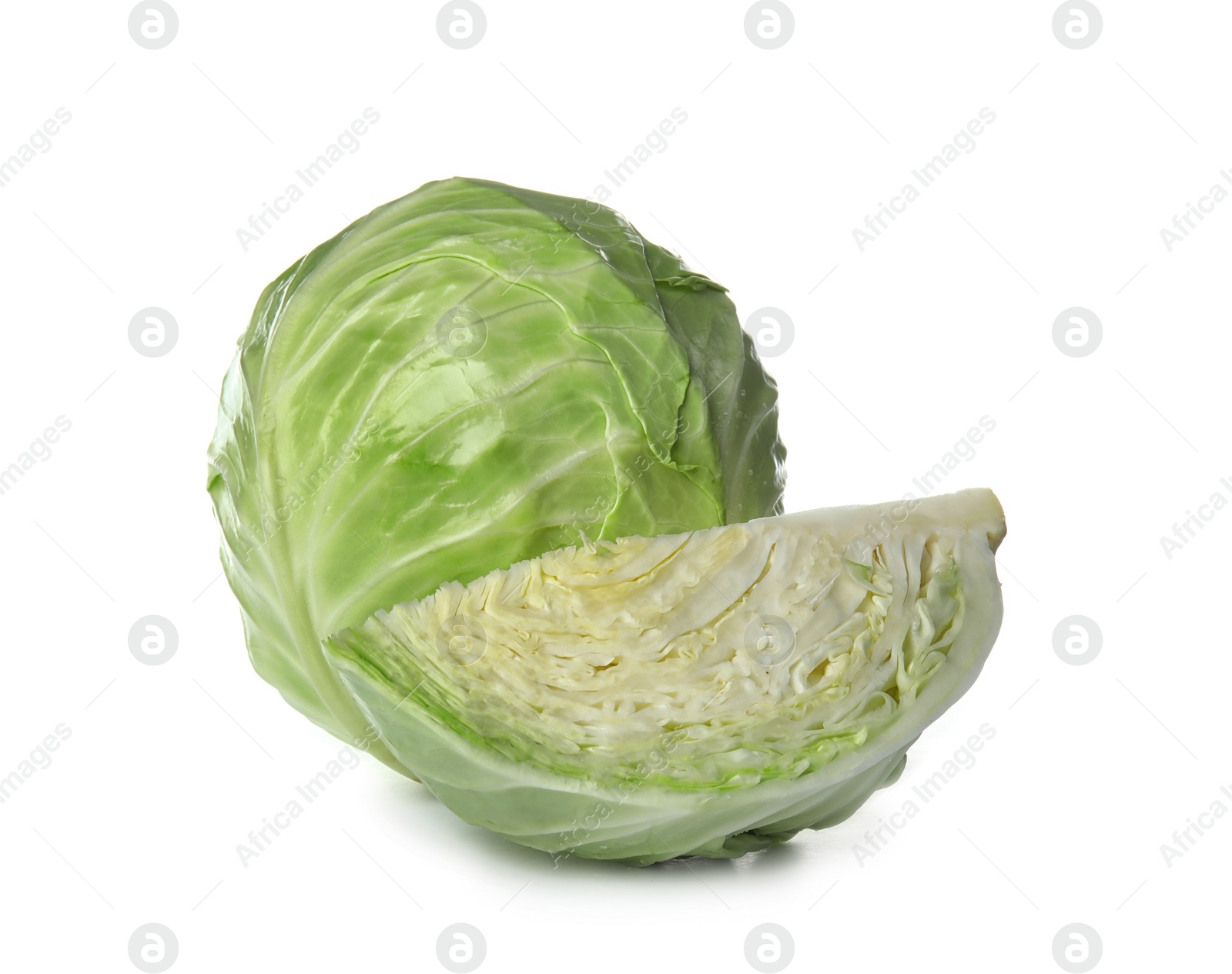 Photo of Whole and sliced cabbages on white background. Healthy food