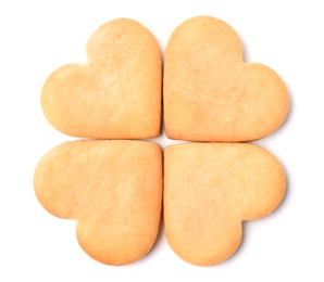 Photo of Heart shaped cookies on white background, top view