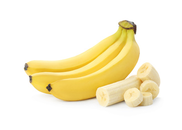 Photo of Delicious ripe bananas and pieces isolated on white