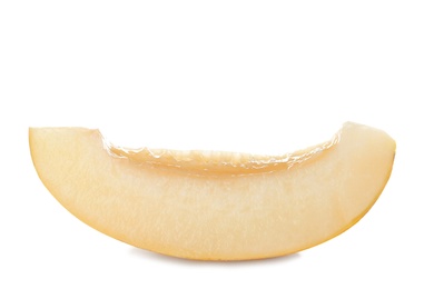 Slice of tasty ripe melon on white background