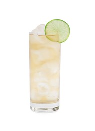 Photo of Glass of tasty ginger ale with ice cubes and lime slice isolated on white