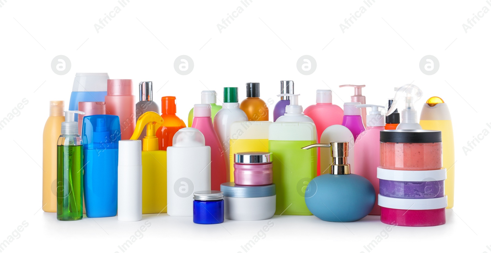 Photo of Different body care products on white background