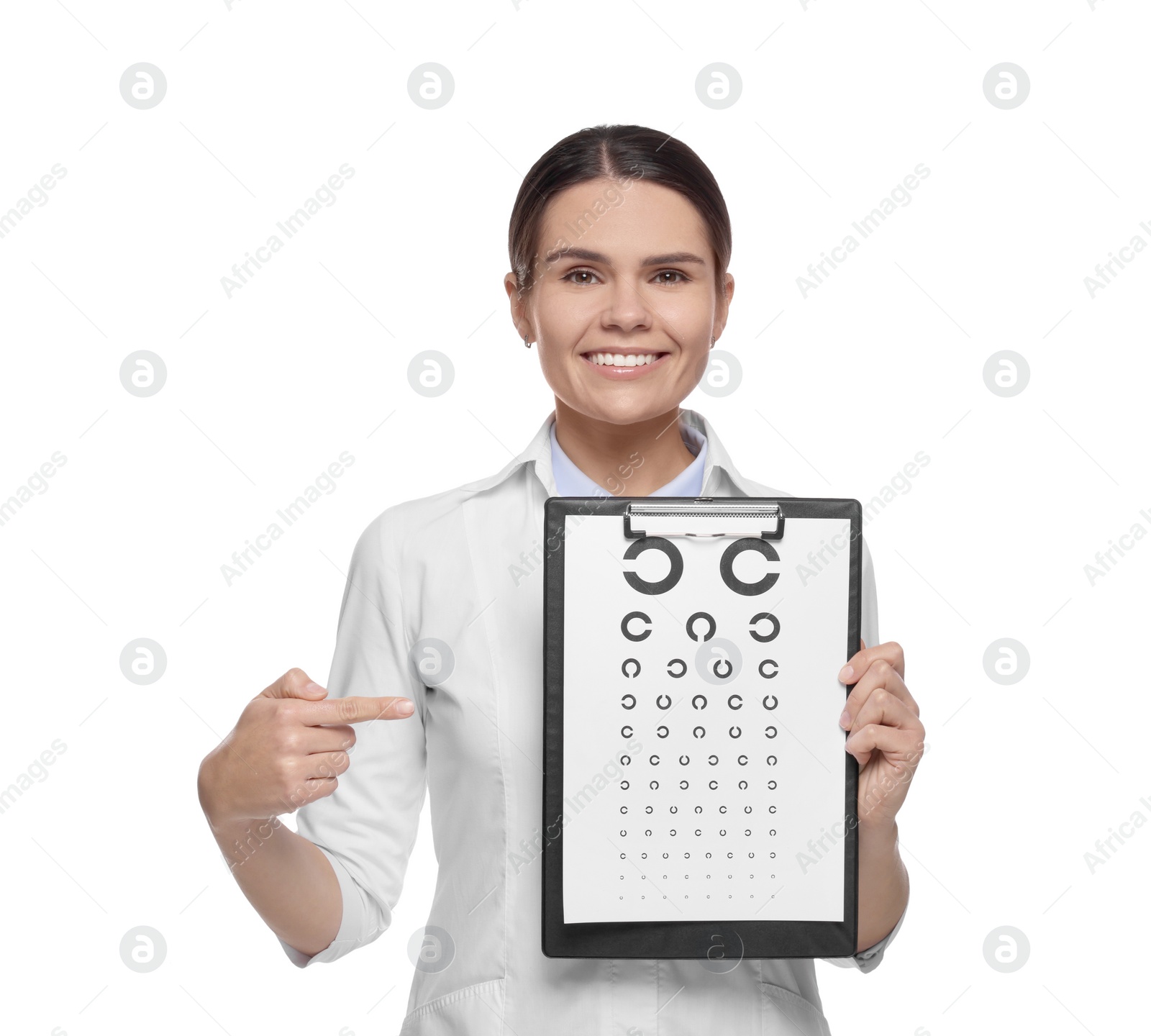 Photo of Ophthalmologist pointing at vision test chart on white background