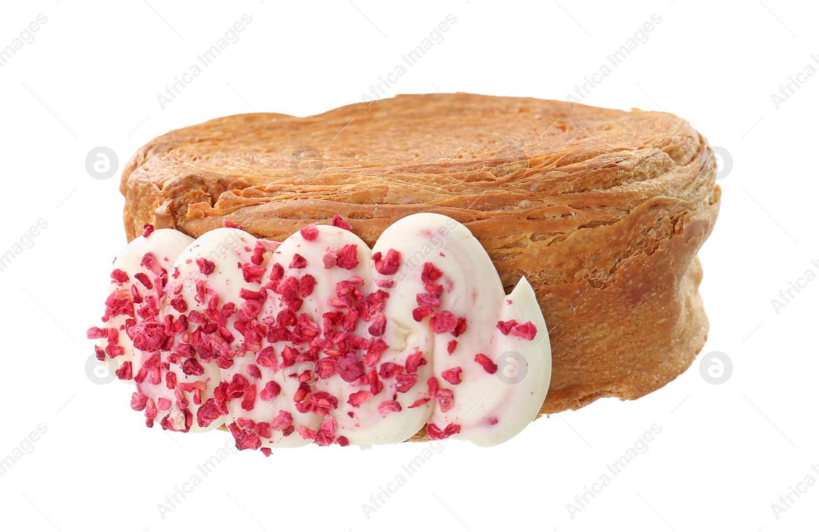 Photo of One supreme croissant with cream on white background. Tasty puff pastry