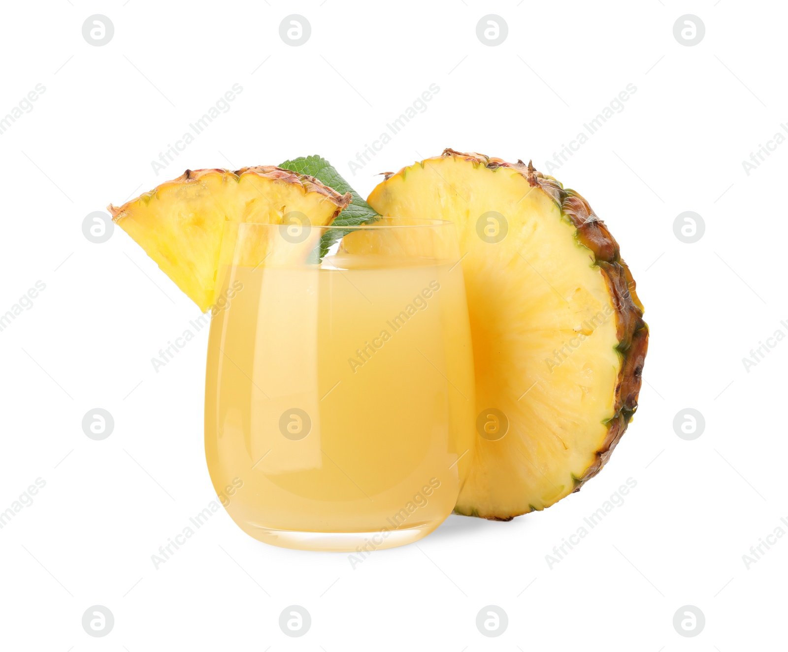 Photo of Delicious fresh pineapple juice with mint isolated on white