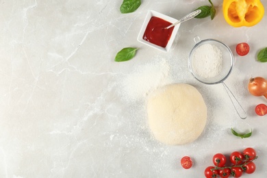 Photo of Dough and ingredients for pizza on light background, top view