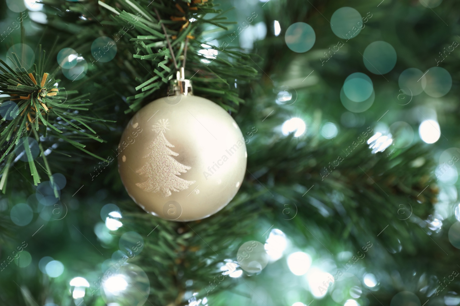 Photo of Beautiful holiday bauble hanging on Christmas tree, closeup