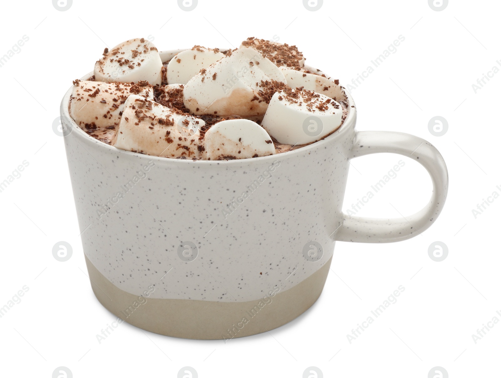 Photo of Delicious hot chocolate with marshmallows and cocoa powder isolated on white