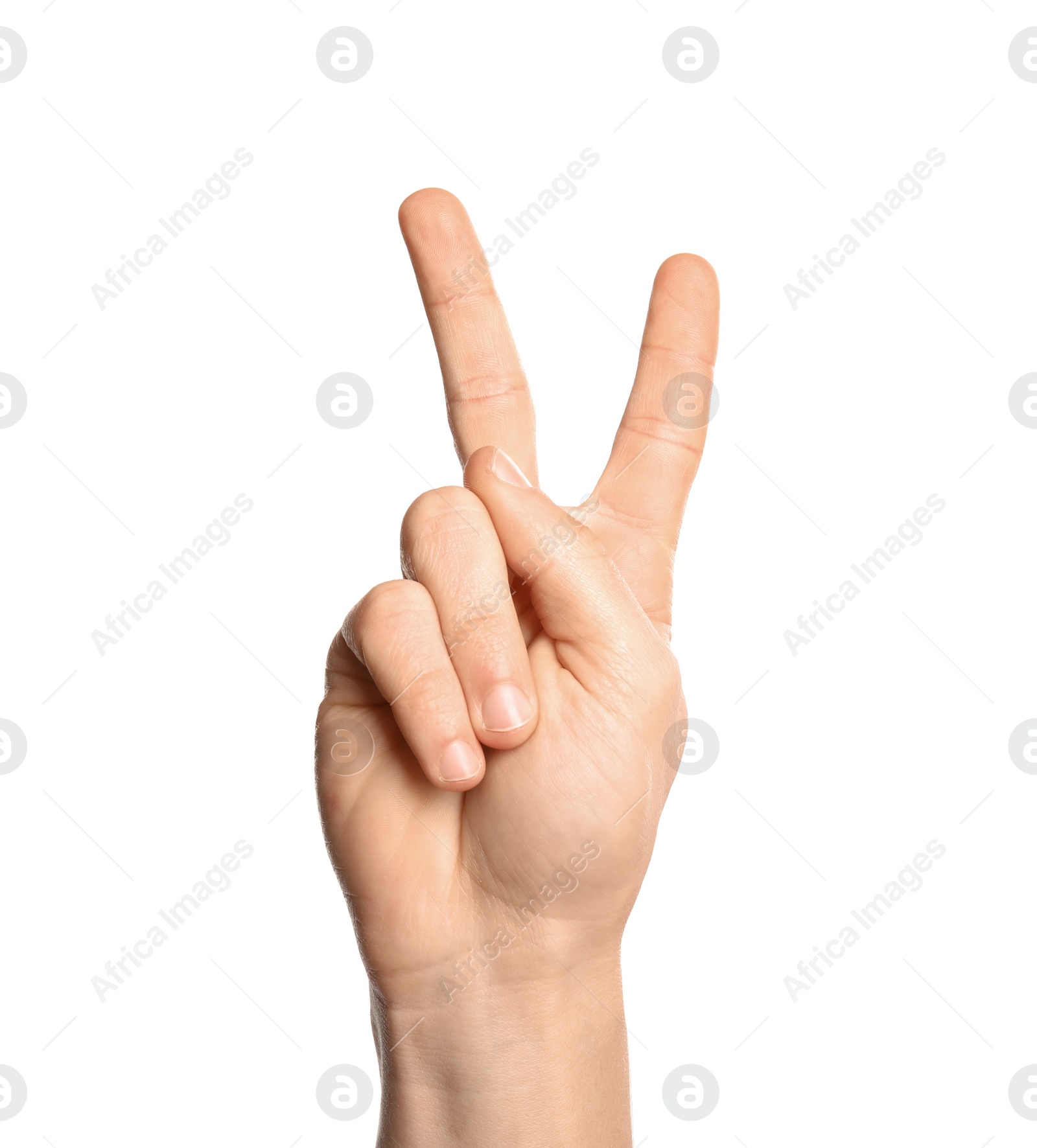 Photo of Man showing V letter on white background, closeup. Sign language