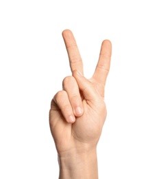 Photo of Man showing V letter on white background, closeup. Sign language