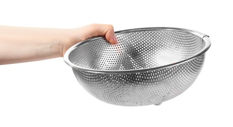 Woman with metal sieve on white background, closeup