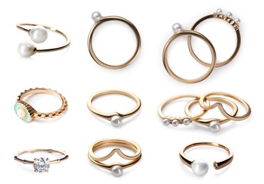 Image of Collage with different golden rings isolated on white