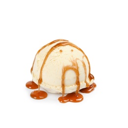Photo of Delicious ice cream with caramel sauce on white background