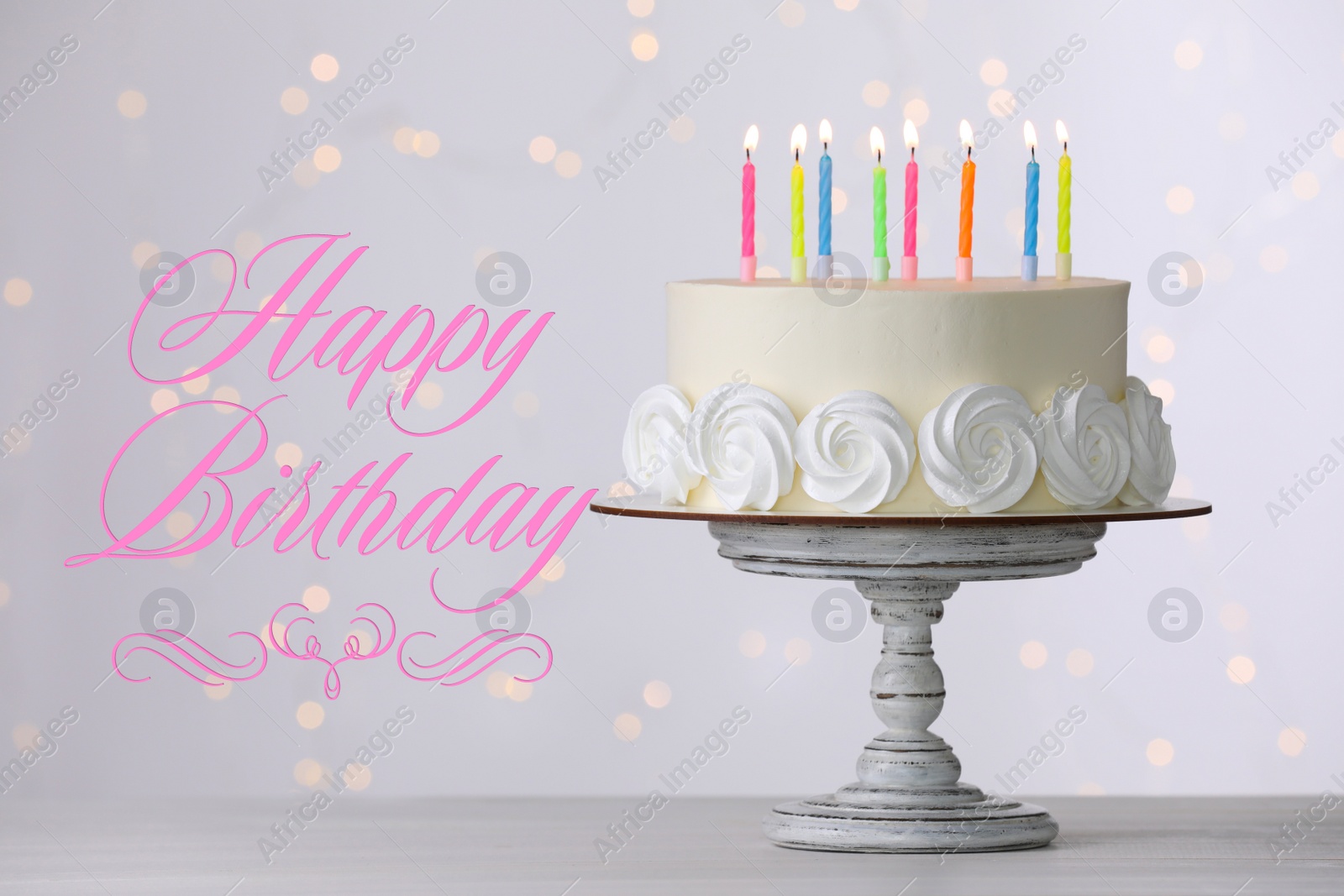 Image of Happy Birthday! Delicious cake with burning candles on white table 