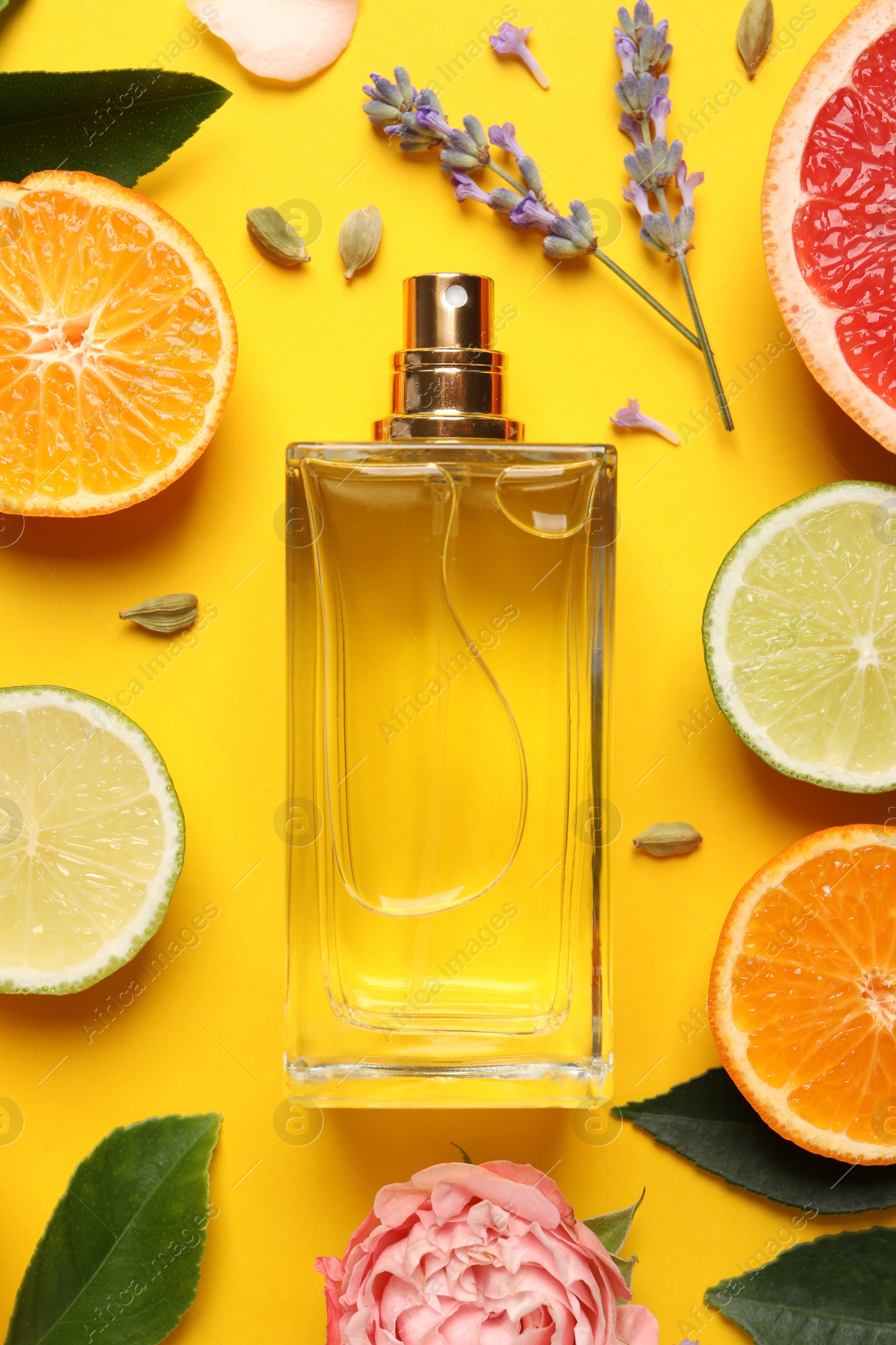 Photo of Flat lay composition with bottle of perfume and fresh citrus fruits on yellow background