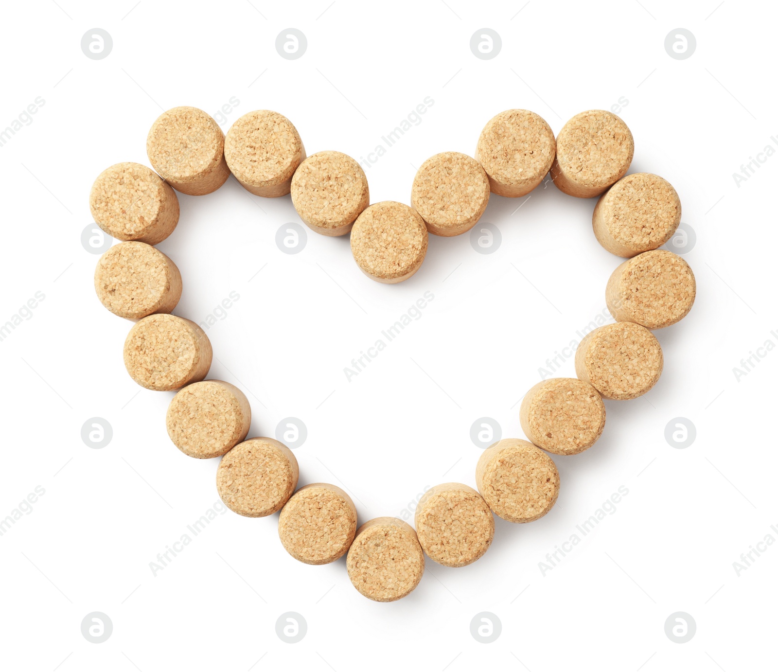 Photo of Heart made of wine bottle corks isolated on white, top view