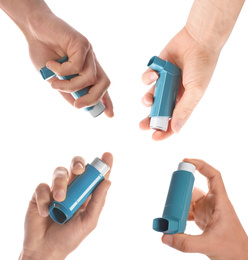 Image of Collage with photospeople holding asthma inhalers on white background, closeup