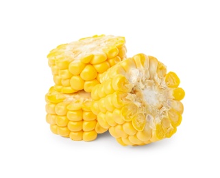 Pieces of ripe raw corn cob on white background