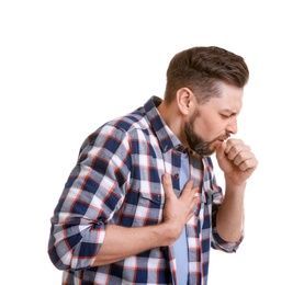 Photo of Mature man coughing on white background