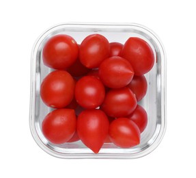 Glass container with fresh cherry tomatoes isolated on white, top view