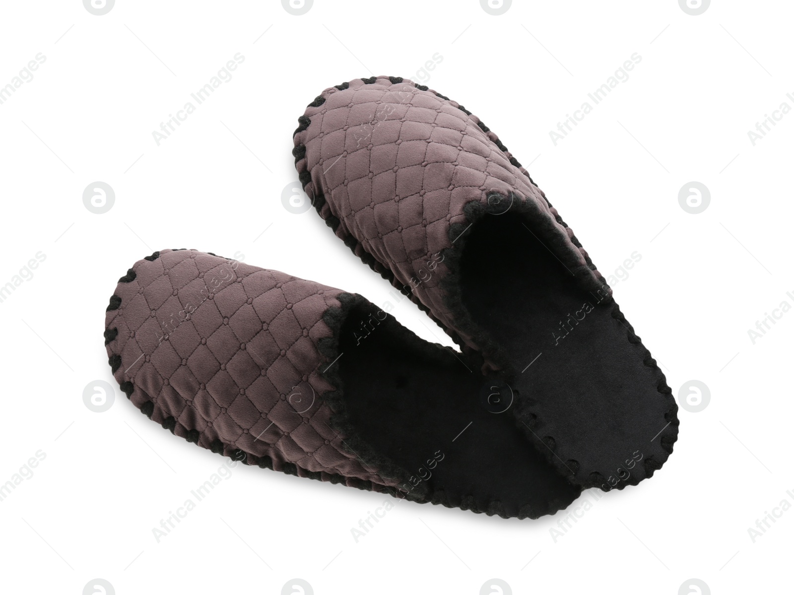 Photo of Pair of soft closed toe slippers on white background, top view