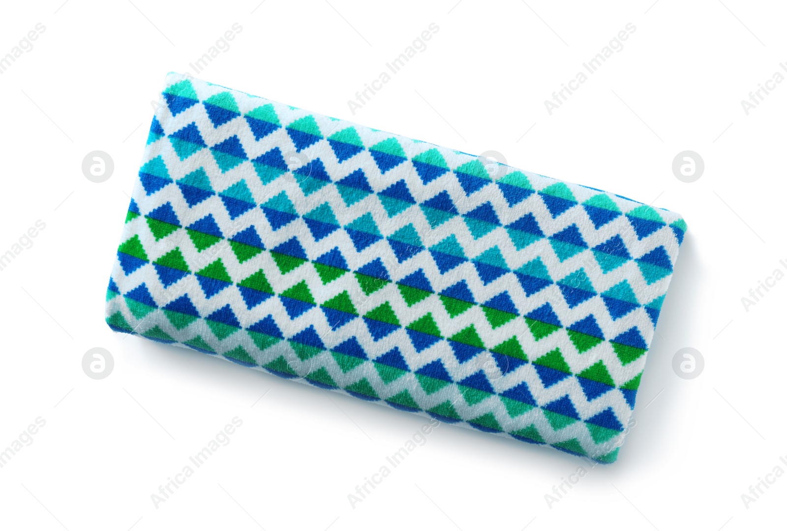 Photo of Bright towel on white background. Beach accessories