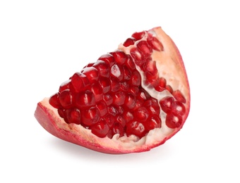 Photo of Ripe pomegranate on white background. Delicious fruit