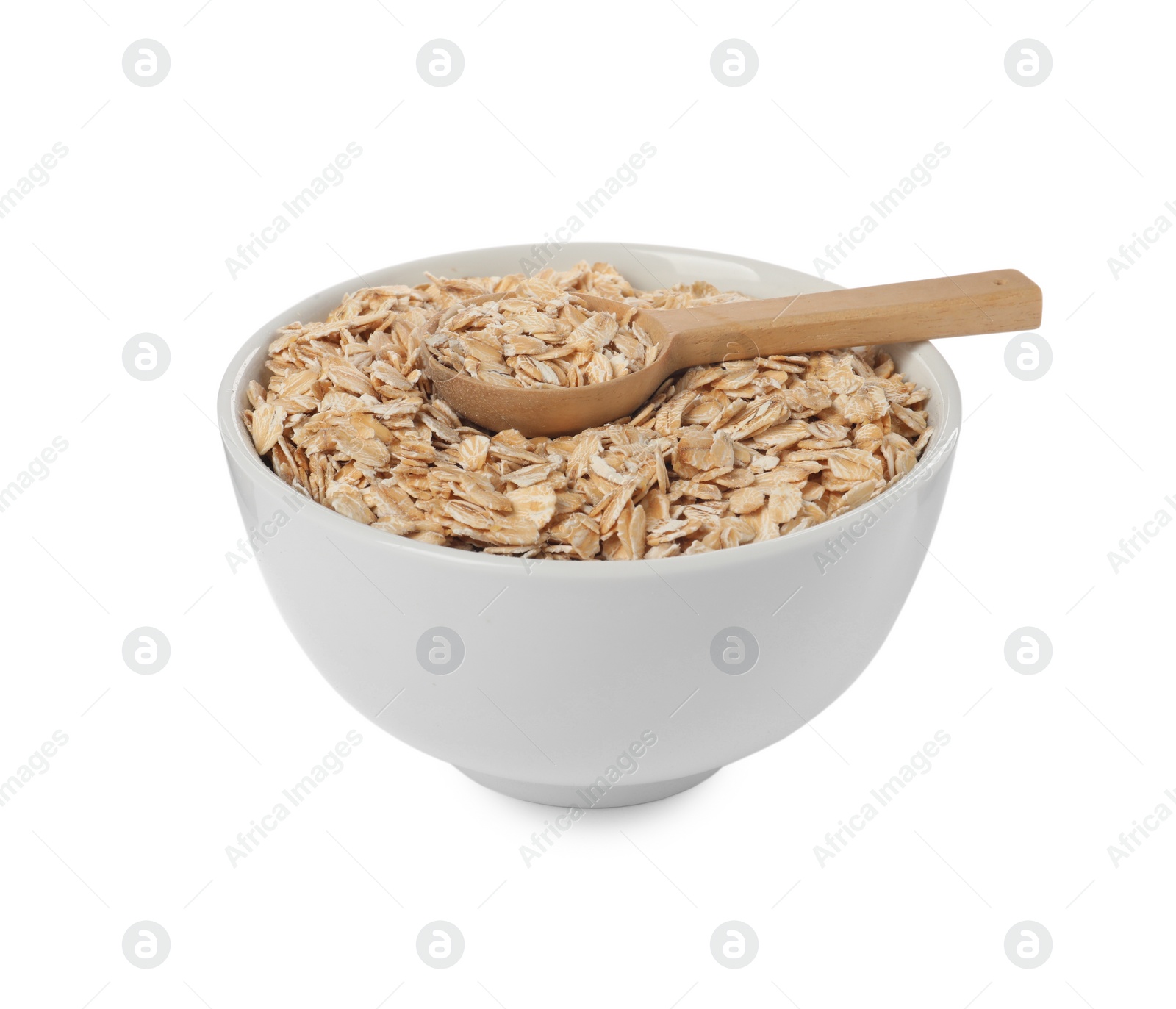 Photo of Bowl and spoon with oatmeal isolated on white