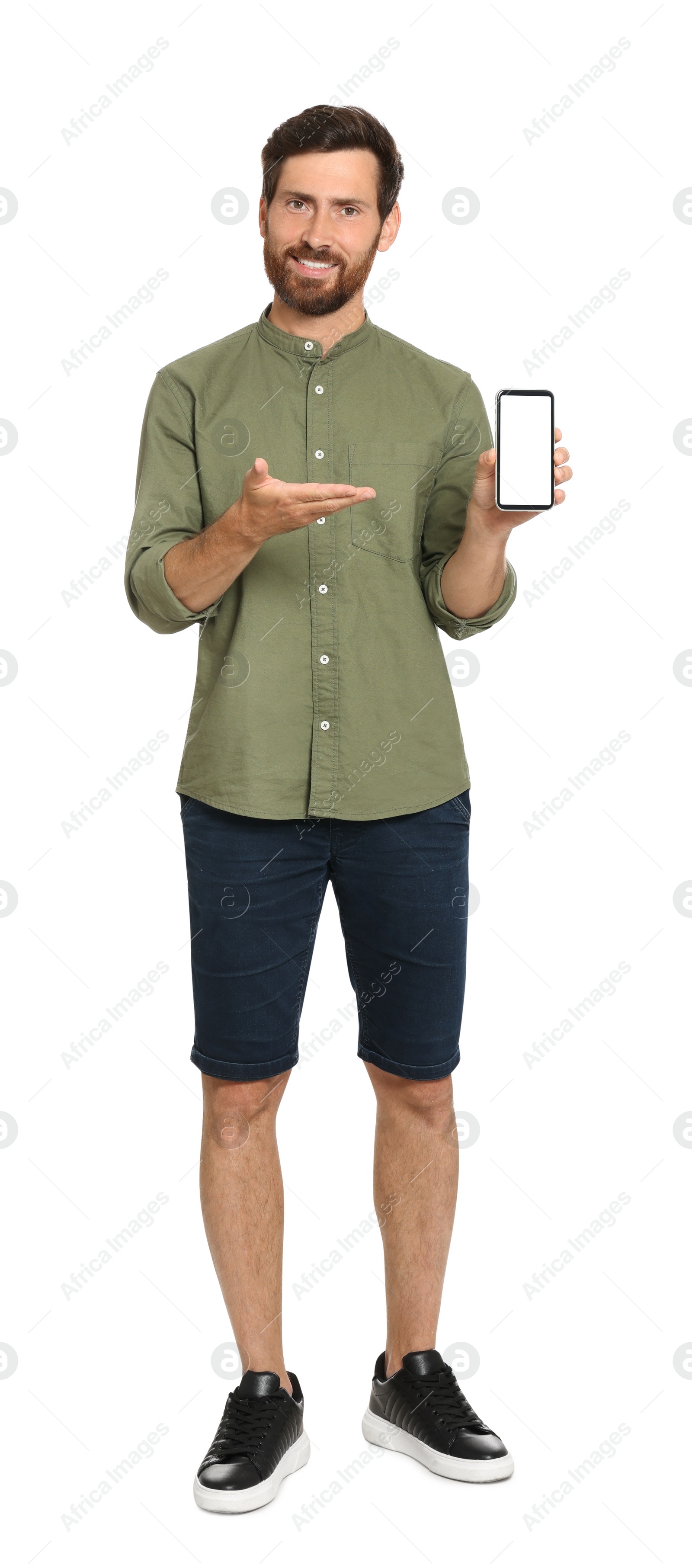 Photo of Happy man with phone on white background